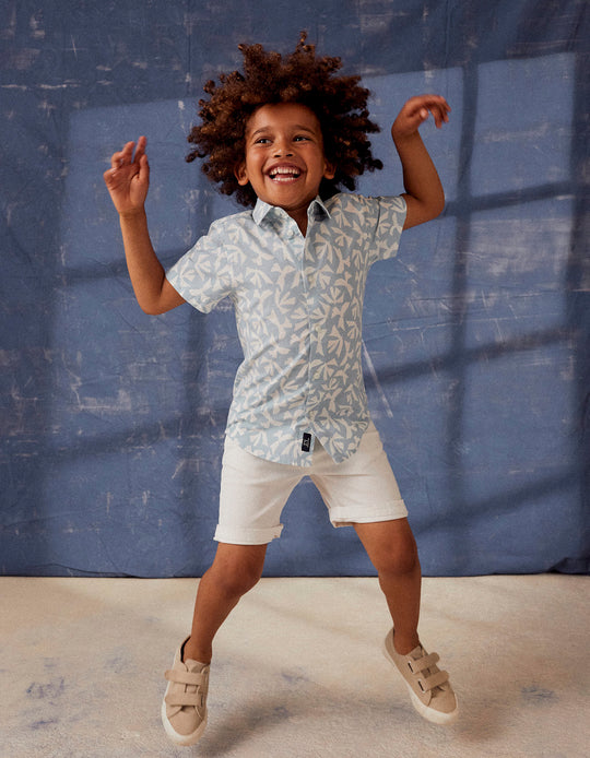 قميص بنصف كم للأولاد، أزرق فاتح/أبيض