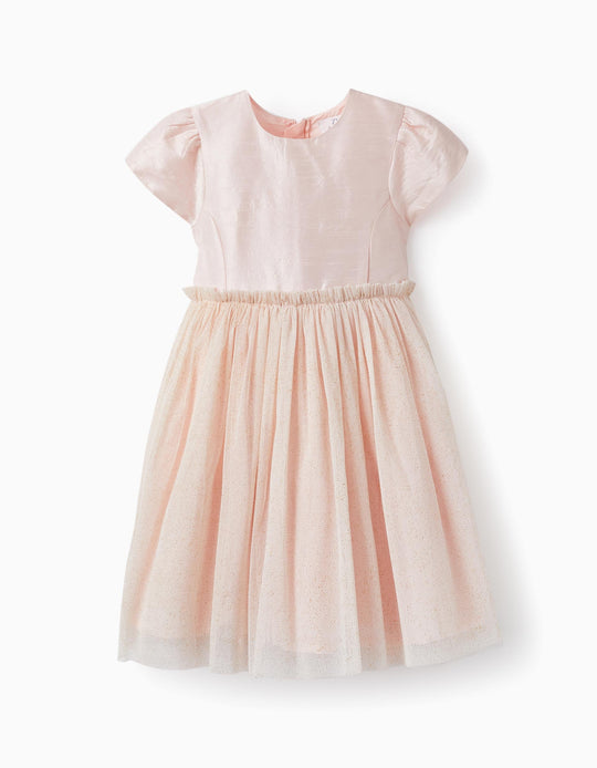 فستان بتنورة تول ولمعان ذهبي للفتيات، زهري