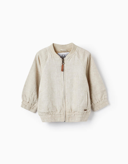 Bomber Jacket in Linen Blend for Baby Boys, Beige