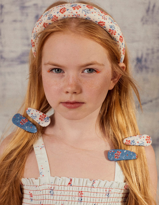 طقم 4 مشابك شعر بنقشة زهرية للفتيات الرضع، أزرق داكن/أبيض