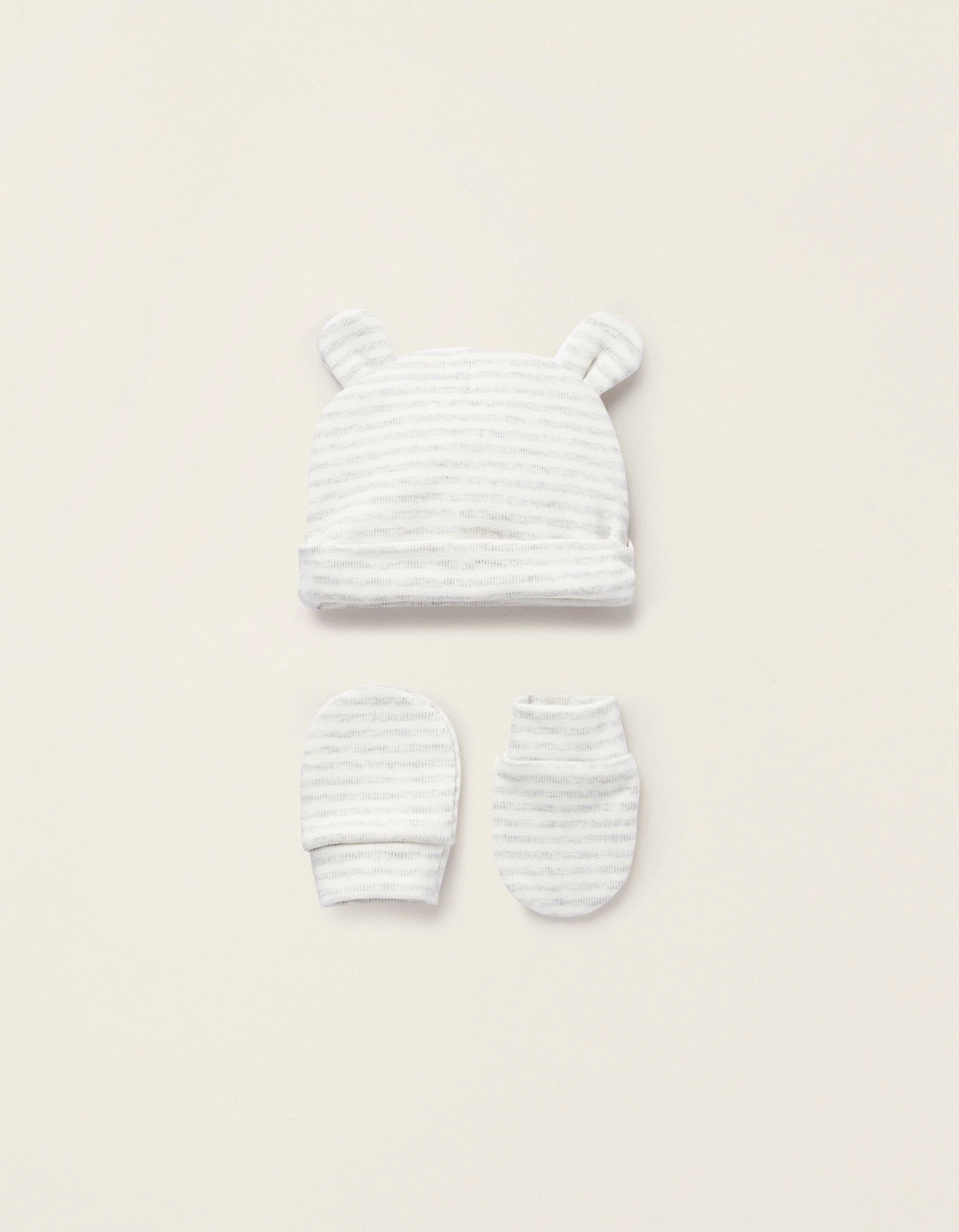 Beanie with Ears + Cotton Gloves for Newborns, White/Grey | La vie en Rose | KSA