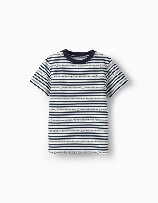 Striped T-Shirt in Cotton for Boys 'Storks', White/Dark Blue
