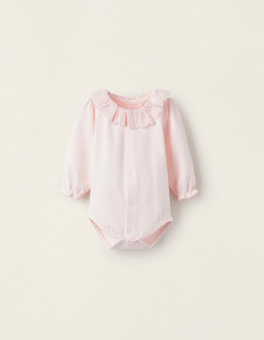 Cotton Bodysuit with English Embroidery for Newborn Girls, Pink