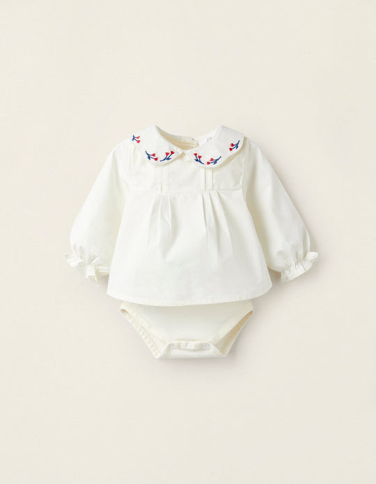 Cotton Bodysuit-Blouse for Newborn Girls 'Flowers', White