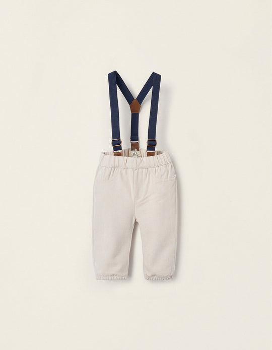 Trousers with Suspenders for Newborn Boys, Beige