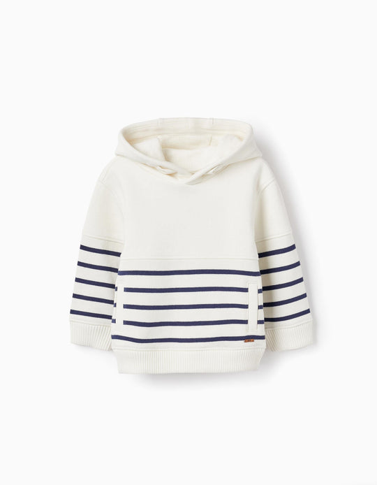 Cotton Hooded Sweatshirt for Baby Boy, White/Dark Blue