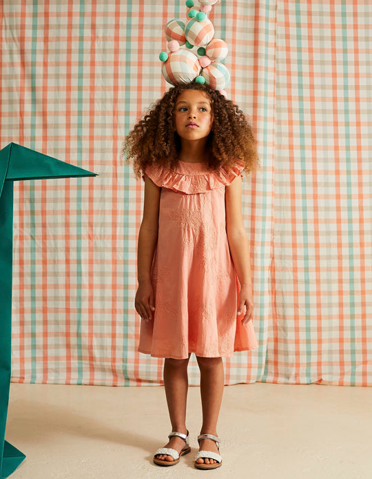 Cotton Dress with Embroidery and Ruffles for Girls, Coral