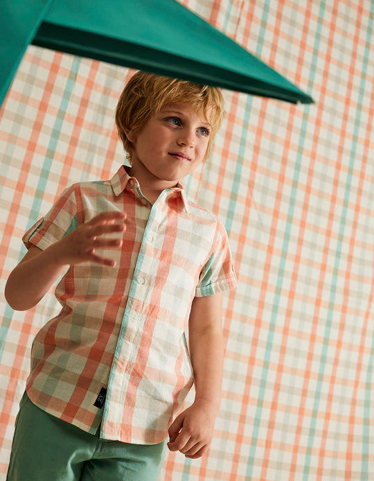 قميص قطني بنقشة مربعات للأولاد "B&S"، أخضر مائل للأزرق/مرجاني