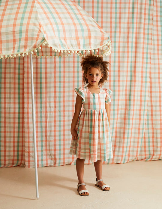 Checked dress in cotton for girls 'B&S', Aqua Green/Coral