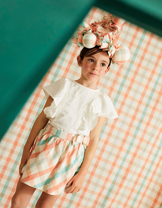 Checkered Cotton Skort for Girls 'B&S', Aqua Green/Coral
