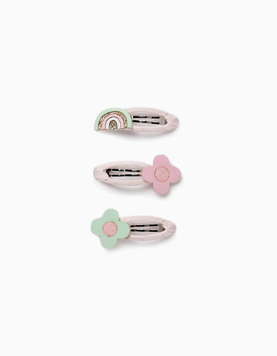 Pack of 3 Hair Clips with Flowers and Rainbows for Baby and Girl, Light Pink