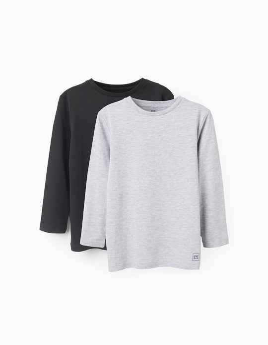 Pack of 2 Long Sleeve Cotton T-shirts for Kids, Grey/Black