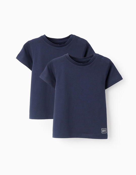 Pack of 2 Plain Cotton T-shirts for Baby Boys, Dark Blue
