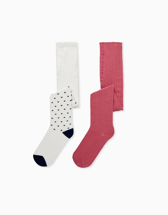 طقم 2 كولون محبوك للفتيات، زهري/أبيض