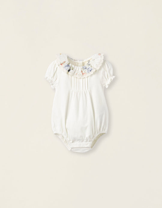 Cotton Bodysuit with Floral Collar for Newborn Girls, White