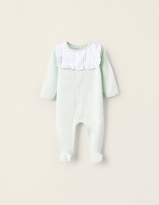 Cotton Sleepsuit with Broderie Anglaise for Newborn Girls, White/Green