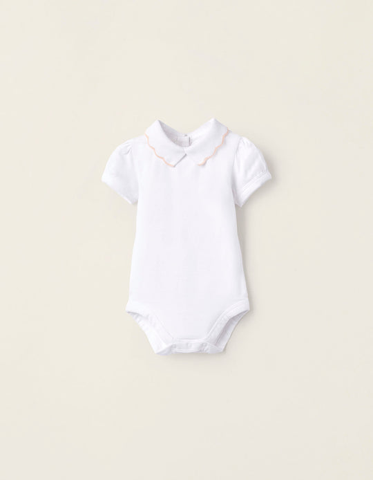 Cotton Bodysuit with Wavy Collar for Newborn Girls, White/Pink