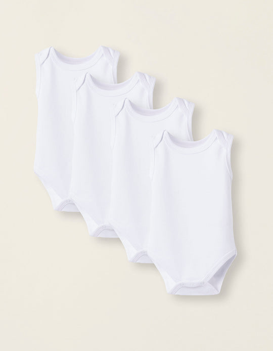 طقم من 4 بادي قطن بدون أكمام للمواليد، أبيض