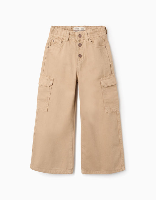 Twill Cargo Trousers for Girls 'Wide Leg', Beige