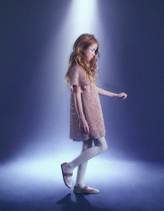 Pleated Sequin Dress for Girls, Rose Gold