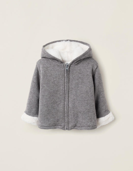 Cardigan with Faux Fur Lining for Newborn Boys, Grey