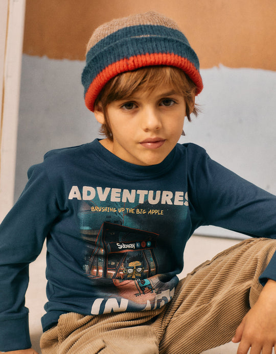 تي شيرت طويل الأكمام جيرسي باللون الأزرق ماجول