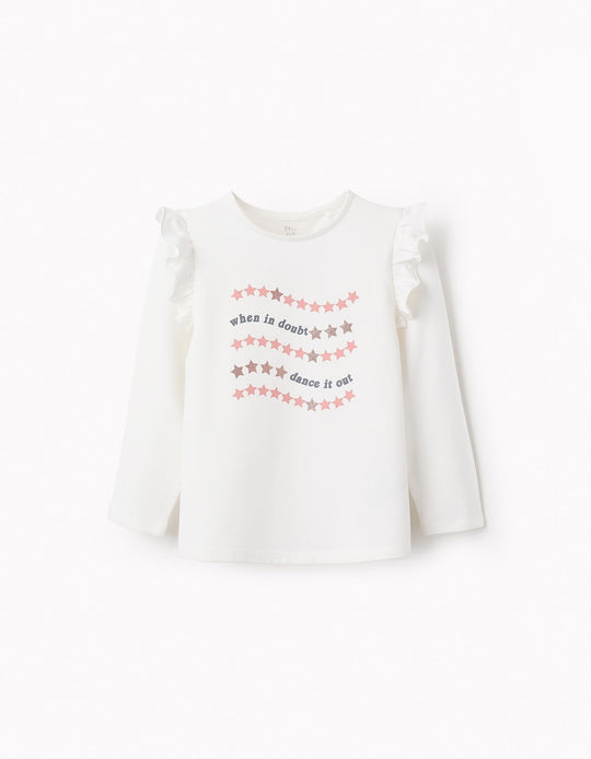 Long-Sleeved T-Shirt with Frills and Glitter for Girls, White