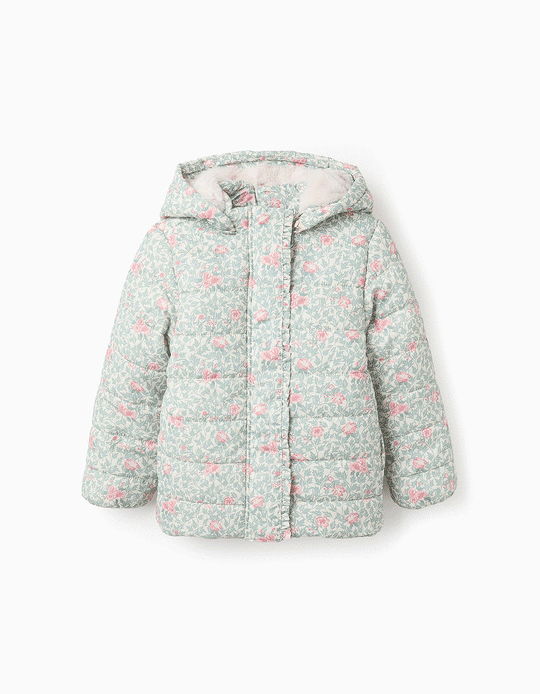 Padded Floral Hooded Jacket with Removable Hood for Girls, Beige