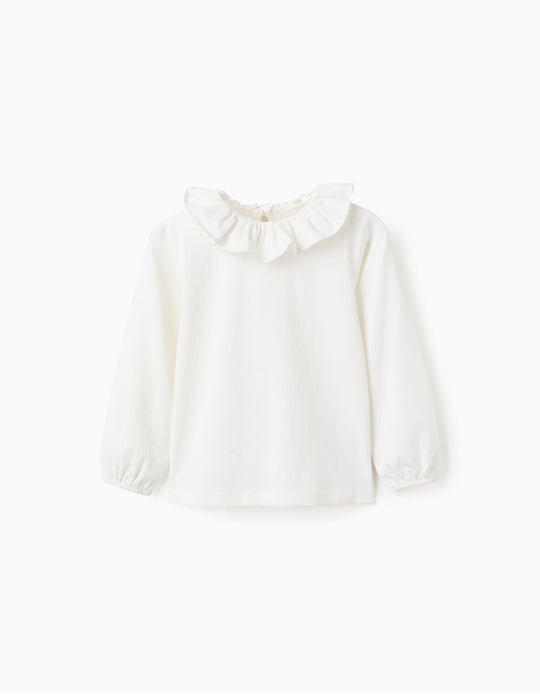 Long-sleeved T-shirt with Ruffle Collar for Girls, White