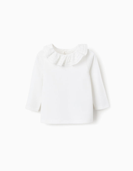 Long Sleeve Ruffle Neck T-Shirt for Baby Girls, White