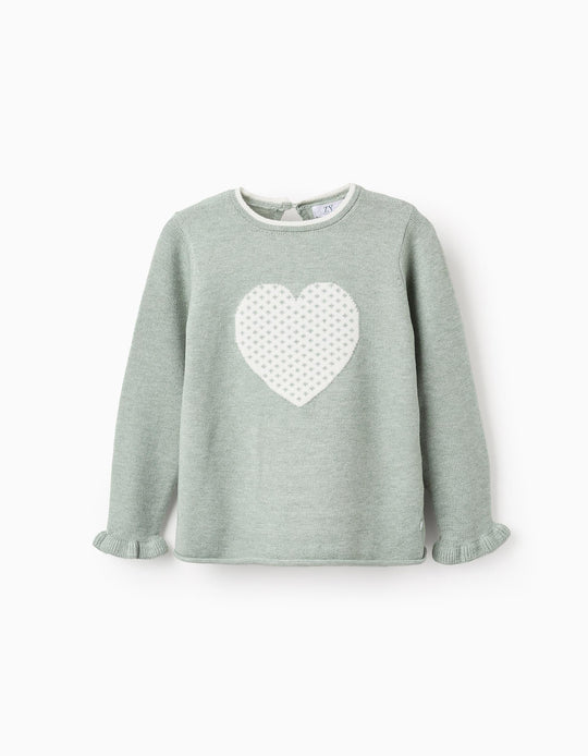 Knitted Jumper with Frills for Girls 'Heart', Green/White