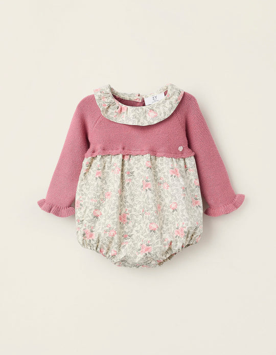 Floral Dual-Fabric Overall for Newborn Girls, Pink/Beige