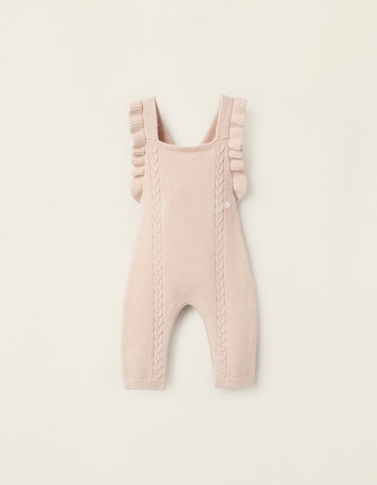 Knitted Jumpsuit with Ruffles for Newborn Girls, Beige