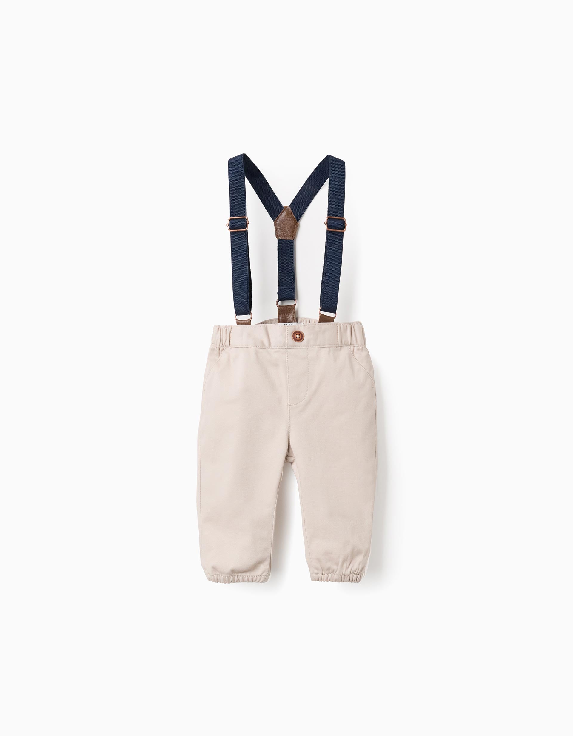 Twill Trousers with Removable Straps for Newborns, Beige | Ziddy KSA