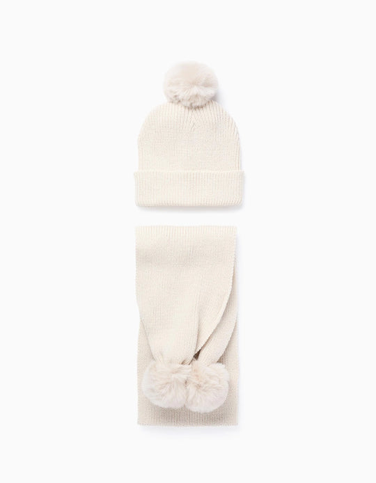 Beanie + Knitted Scarf with Lurex and Pompons for Girls, Beige