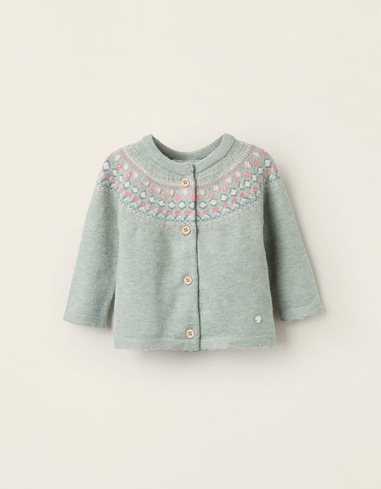 Cardigan with Floral Jacquard for Baby Girls, Green