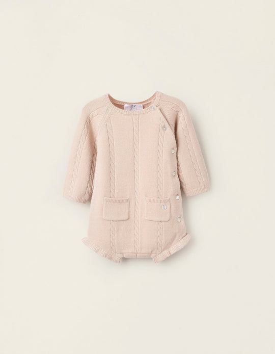Knitted Jumpsuit with Braided Details for Newborn Girls, Beige