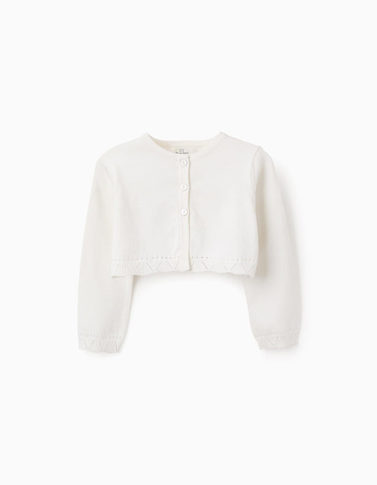 كارديغان بتفاصيل مفتوحة للمواليد البنات، أبيض