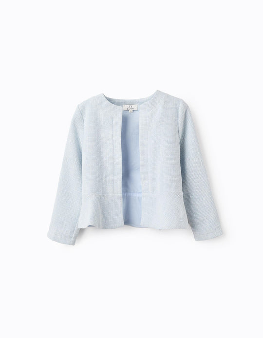 Tweed Frill Jacket for Girls, Light Blue