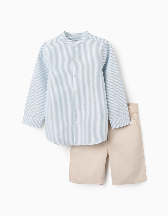 قميص مخطط + شورت تويل للأولاد، أزرق/بيج