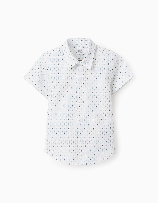 قميص بأكمام قصيرة ونقشة للمواليد الأولاد، أبيض