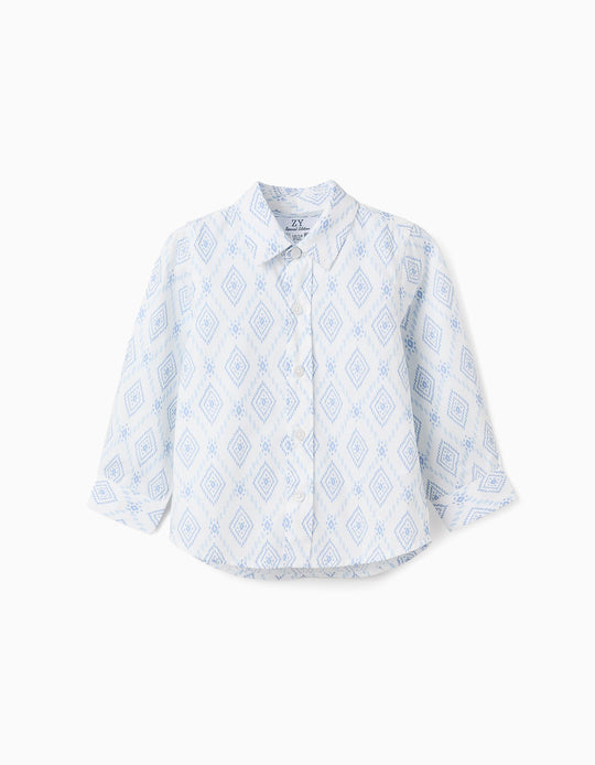Cotton Shirt with Pattern for Baby Boys, White/Blue