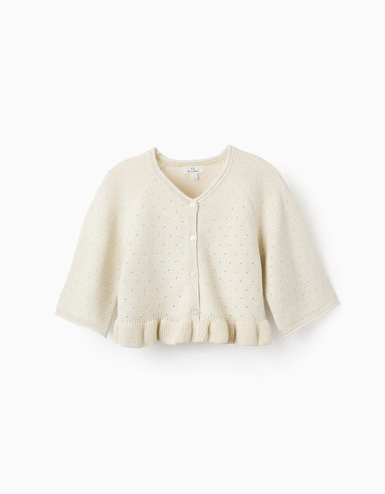 Knitted Cardigan with Ruffles for Girls, Beige/Gold