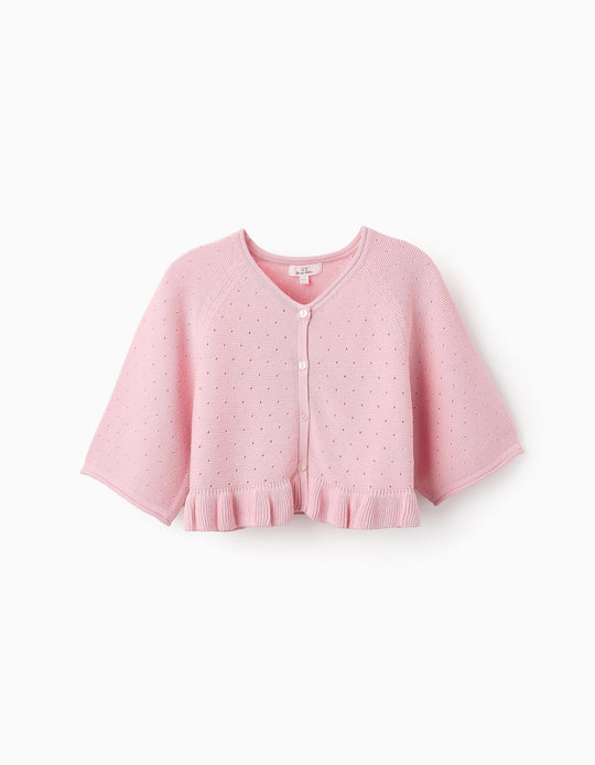 كارديغان مخرّم بكشكش للبنات، وردي