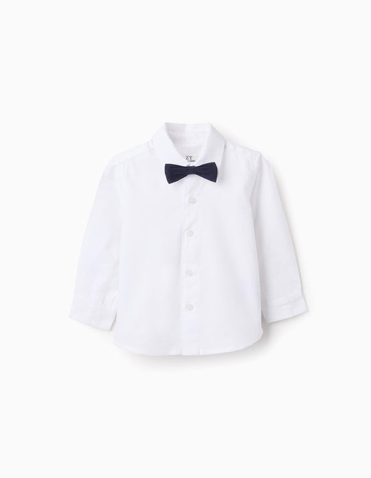 Cotton Shirt with Bow for Baby Boys, White/Navy Blue