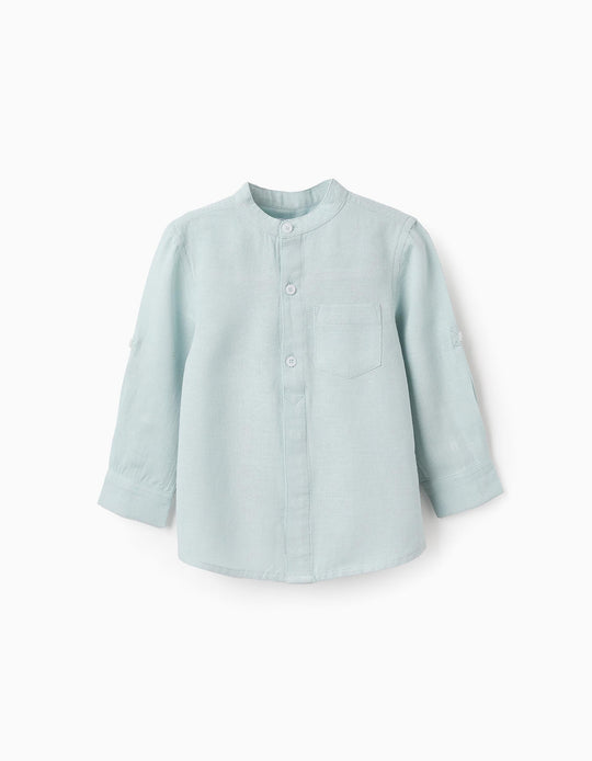 Shirt with Mao Collar and Sleeve Tabs for Baby Boys, Aqua Green