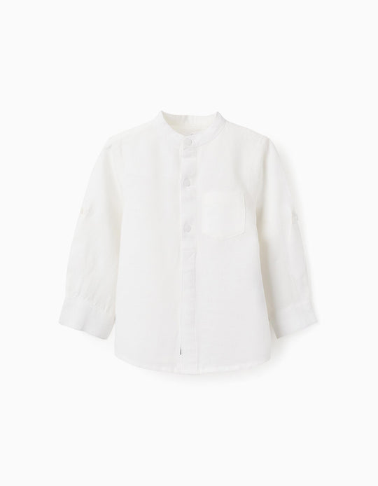 قميص بياقة ماو وأكمام برباط للأولاد الرضع، أبيض