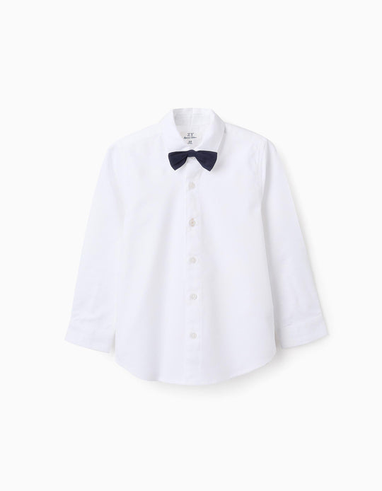 قميص قطني مع ربطة عنق للأولاد، أبيض/أزرق داكن