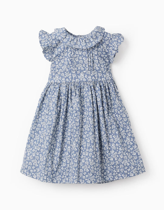فستان قطني بنقشة زهور للمواليد البنات، أزرق/أبيض