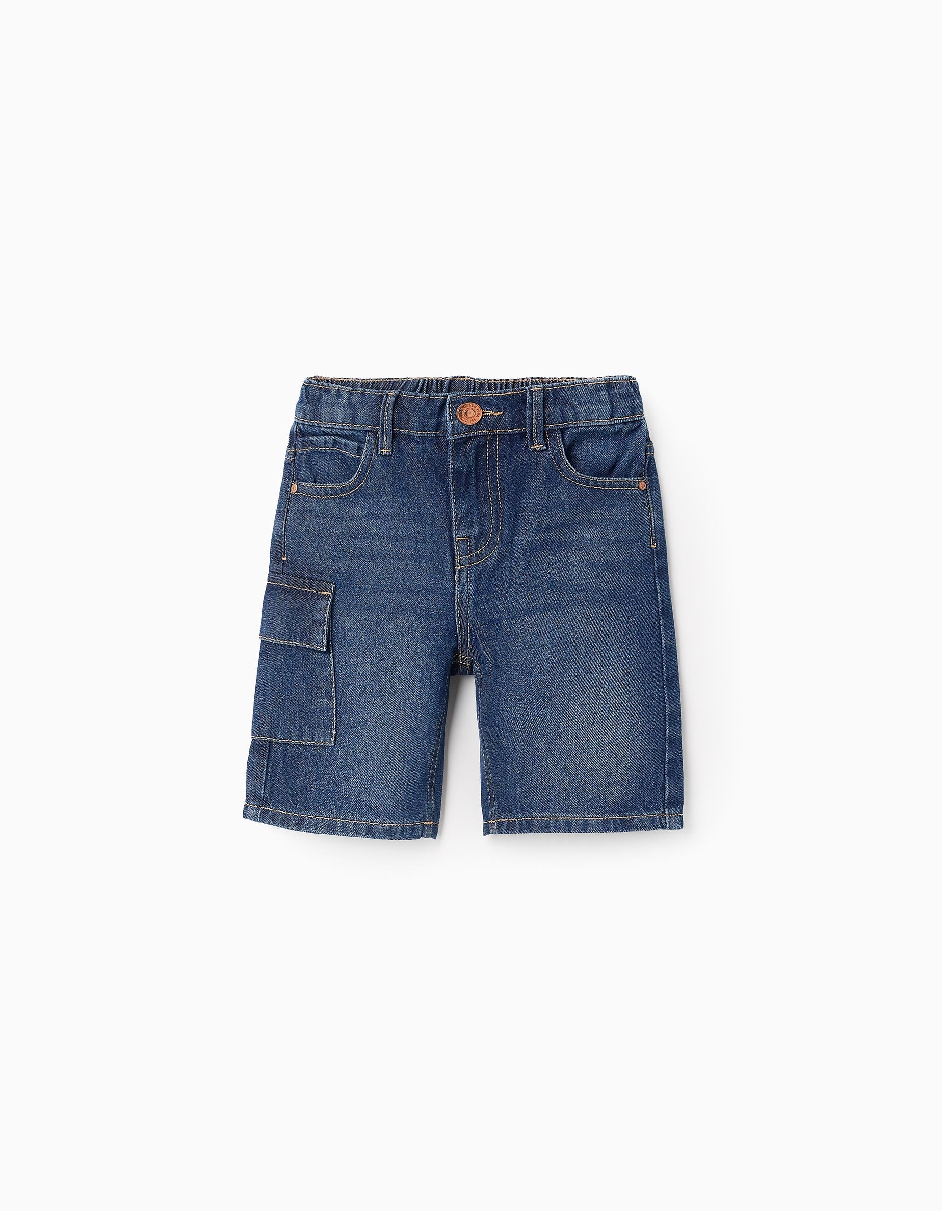 Denim Cotton Shorts with Cargo Pocket for Boys, Dark Blue